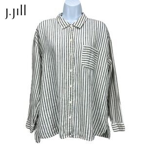 J. Jill Women's XL Petite Love Linen White/Gray‎ Striped Long Sleeve Shirt